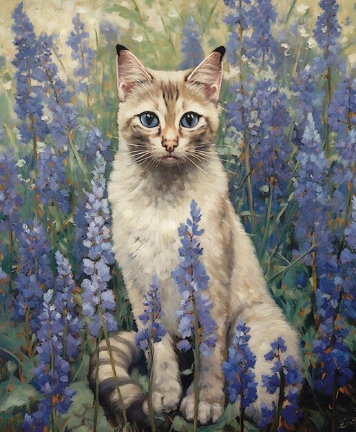 写真 青い目で花の畑に座っている猫の絵画