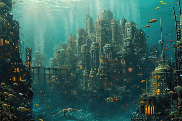 Фото Картина города в океане с небоскребами, отражающимися в воде подводный городской пейзаж, изобилующий морской жизнью