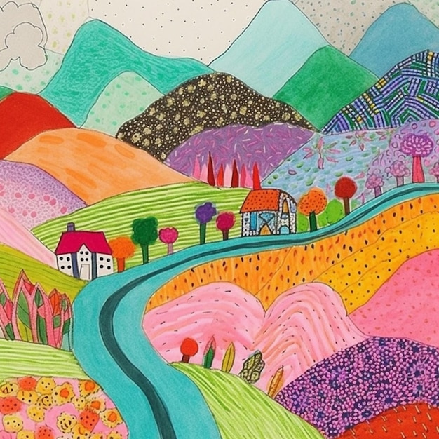 사진 도로와 주택이 있는 다채로운 풍경의 그림