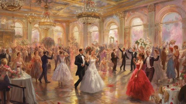 Фото Картина пары, танцующей в бальном зале с толпой людей, генеративный искусственный интеллект