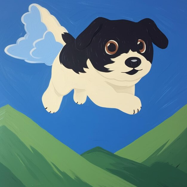 Фото Картина собаки, летящей в небе с горой на заднем плане
