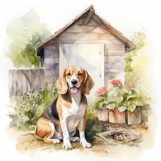 Фото Картина собаки, сидящей перед домом с цветочным горшком, генеративный ии