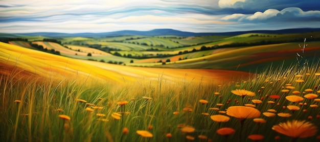 Фото Рисунок поля с желтыми цветами и холмами на заднем плане