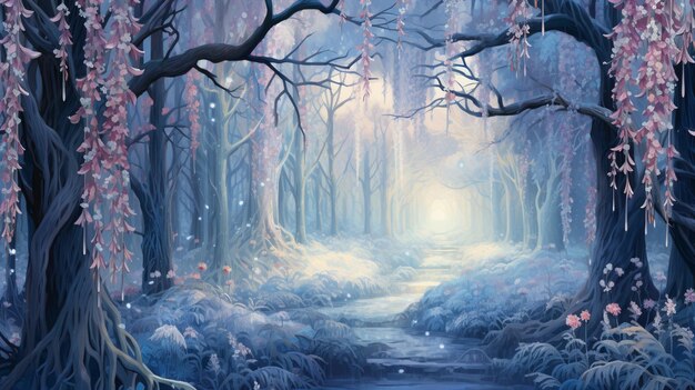 Фото Картина леса с ручьем и деревьями в снегу генеративная ai