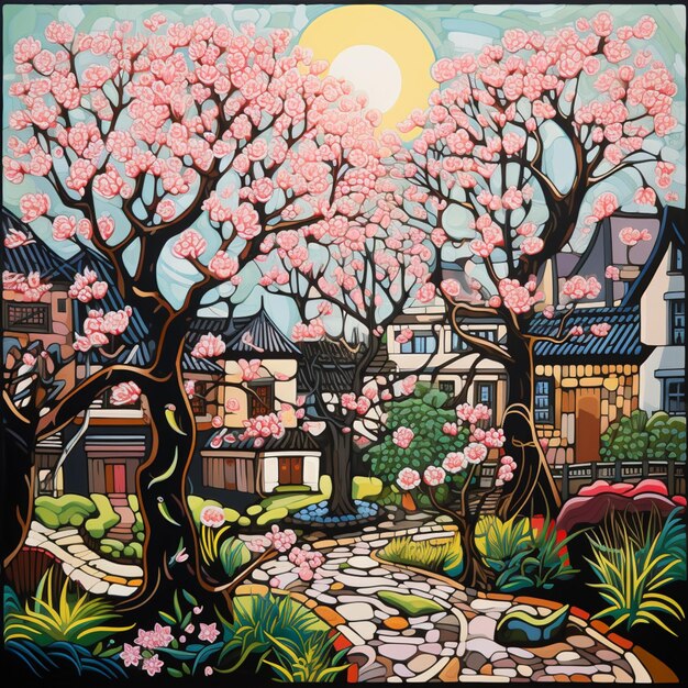 Фото Картина о саду с тропой и деревьями с розовыми цветами