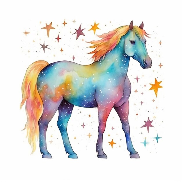 写真 レインボー・メイン (rainbow mane) と星を背景に描いた馬の絵