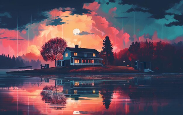 Фото Картина дома на маленьком острове с полной луной на заднем плане генеративный ai