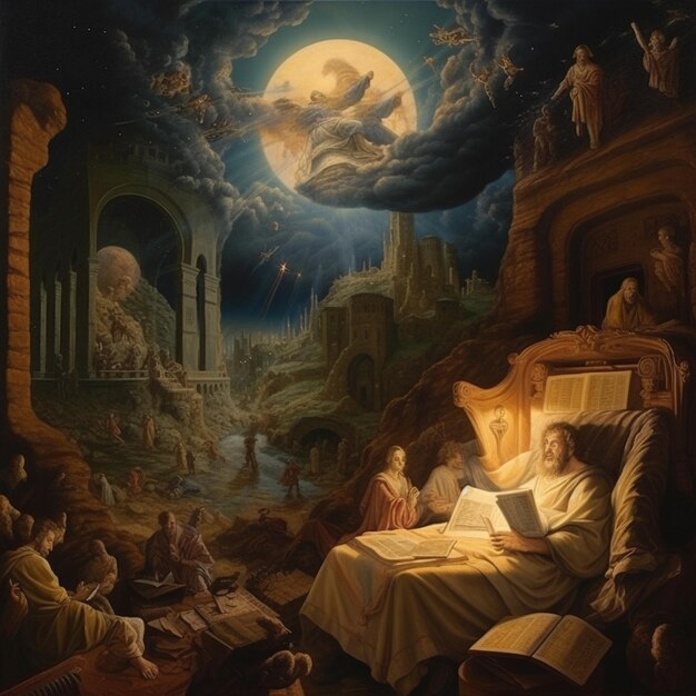 사진 배경에 보름달이 있는 침대에서 책을 읽고 있는 남자의 그림
