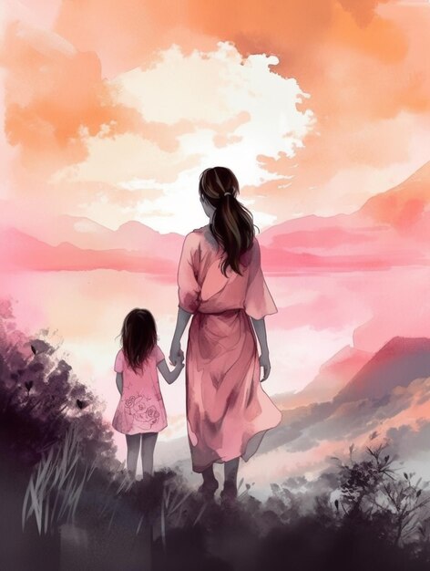 사진 어머니 와 딸 이 언덕 위 를  ⁇ 고 있는 그림 을 그린 것