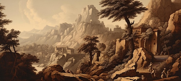 Фото Картина горного пейзажа с замком и рекой генеративный ай