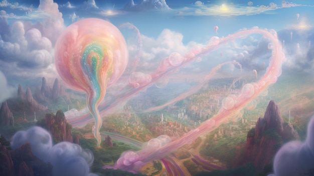 写真 虹の色の熱気球が街の上を飛ぶ絵 ゲネレーティブ・アイ