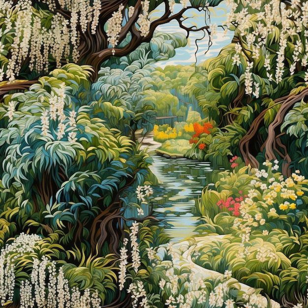 Фото Картина реки, окруженной деревьями и цветами в лесу.