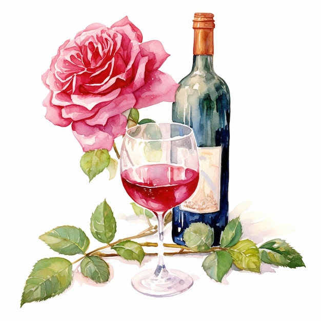 写真 バラとワイングラスの絵 ワインのボトル