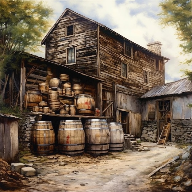 写真 バレルと小屋を組み合わせた田舎の納屋の絵画
