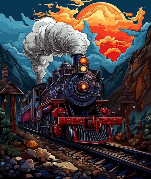 Фото Картина поезда с паровым двигателем, путешествующего по горному ландшафту