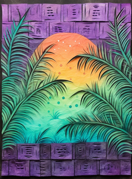 Фото Картина заката с пальмовыми листьями и зданием генеративной аи