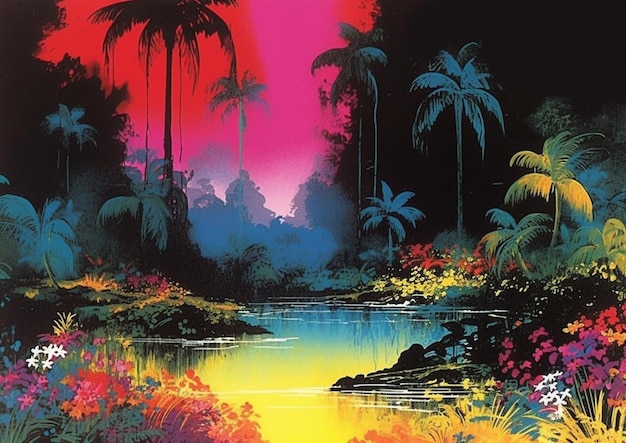 写真 熱帯の風景を描いた絵 川とナツメヤシの木