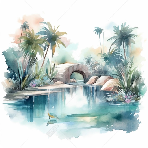 Фото Картина акварельным пейзажем с мостом и пальмами, генеративный ai