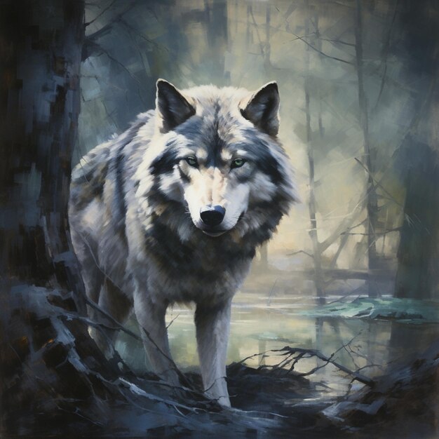Фото Картина волка, стоящего в лесу с прудом на заднем плане