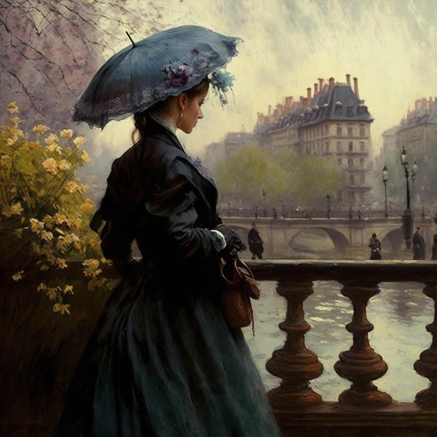 写真 青いドレスと帽子をかぶった女性が傘を握っている絵画