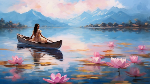 Фото Картина женщины в лодке на озере с розовыми цветами