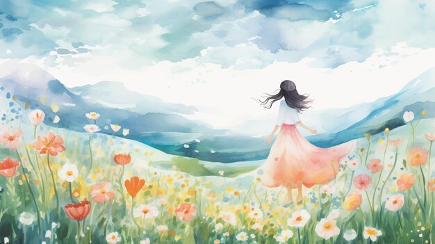 写真 背景に山がある花の畑の女性の絵