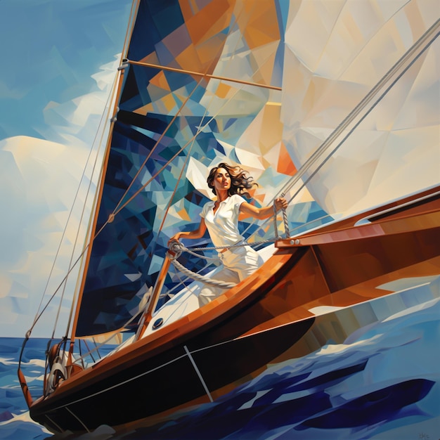写真 海で帆船を航海している女性の絵画 (ジェネレーティブ・アイ)