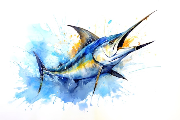写真 白い背景の上に泳ぐ剣魚の絵白い背景に孤立した海魚の絵を描いたイラスト海底動物ジェネレーティブai