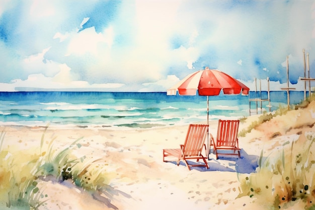 사진 바다 근처의 해변에 있는 두 개의 의자와 우산의 그림