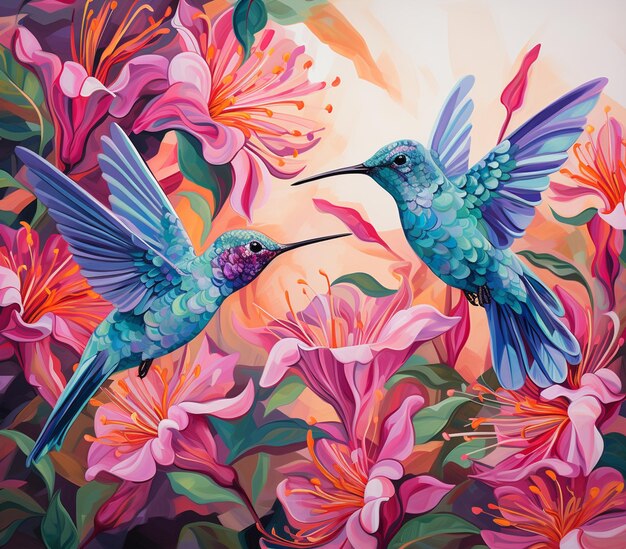 背景の花で飛んでいる2匹のハミングバードの絵 | プレミアム写真