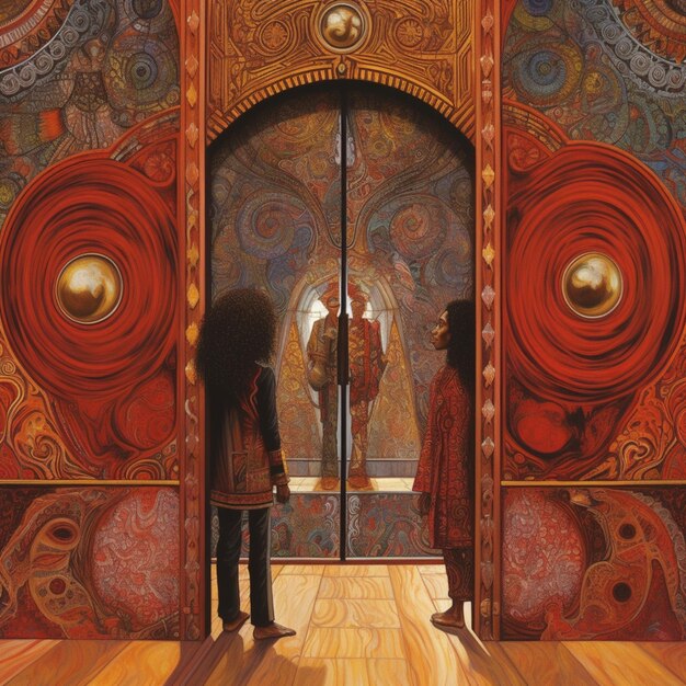 사진 벽에 큰 그림이 있는 문 앞에 서 있는 두 사람의 그림
