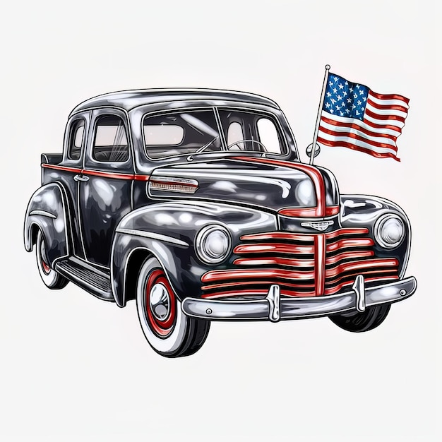 A painting of an old black car with an american flag on the front.