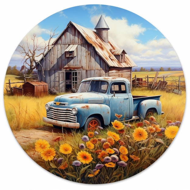 painting of an old blue truck in front of a barn generative ai
