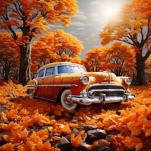 premium-ai-image-painting-of-an-old-car-in-a-field-of-leaves-in-the