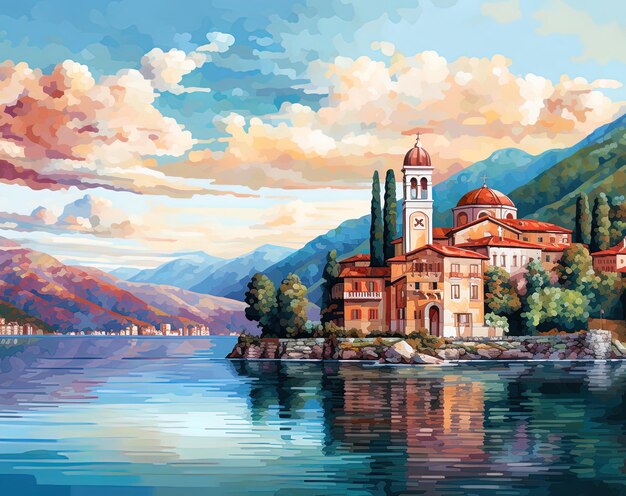 Photo a painting of an old church with a mountain view in the background