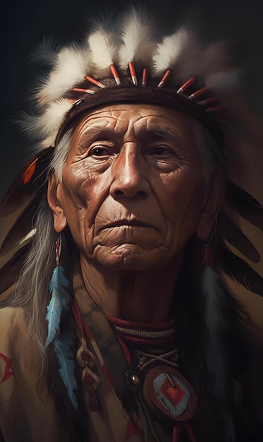 Painting of an old Indian man with feathers on his head in high detail AI generation