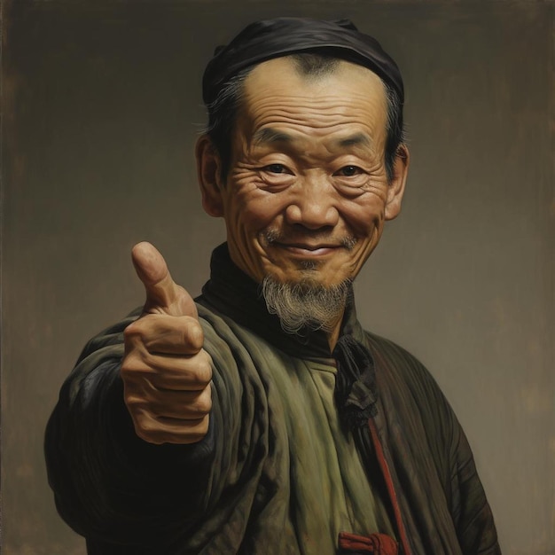 A painting of an old man pointing at the camera.