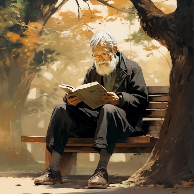 a painting of an old man reading a book.