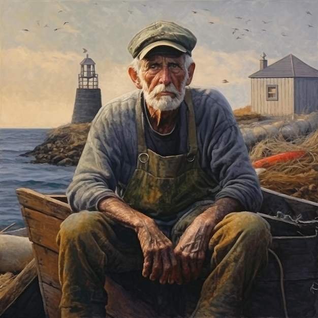 Premium AI Image | A painting of an old man sitting on a pier