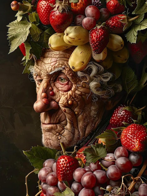 머리 위 에 과일 이 있는 노인 의 그림