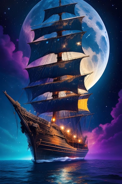 Painting of an old pirate ship with a moon background