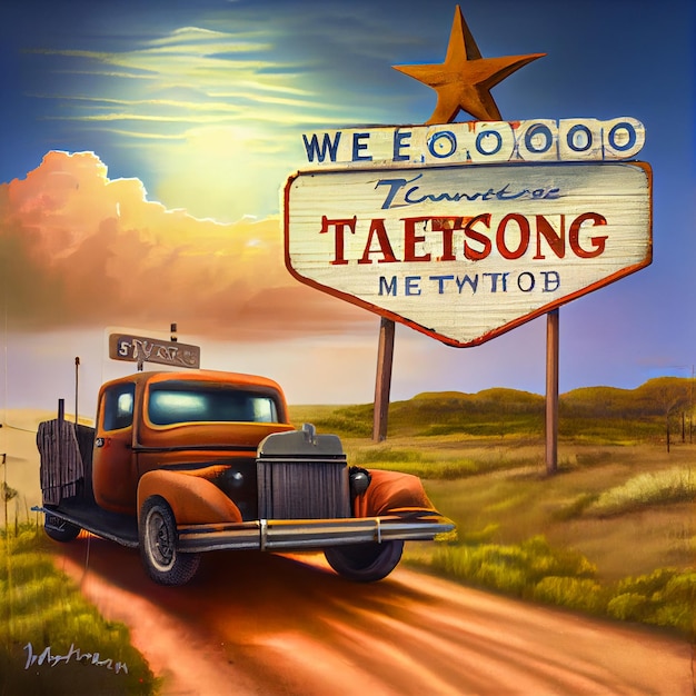 Photo painting of an old truck driving down a dirt road in front of a welcome sign generative ai