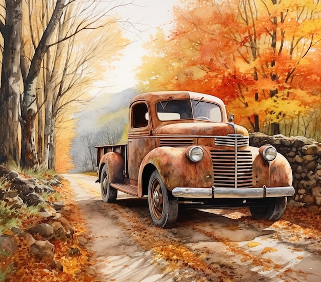 painting of an old truck parked on a dirt road in the woods generative ai