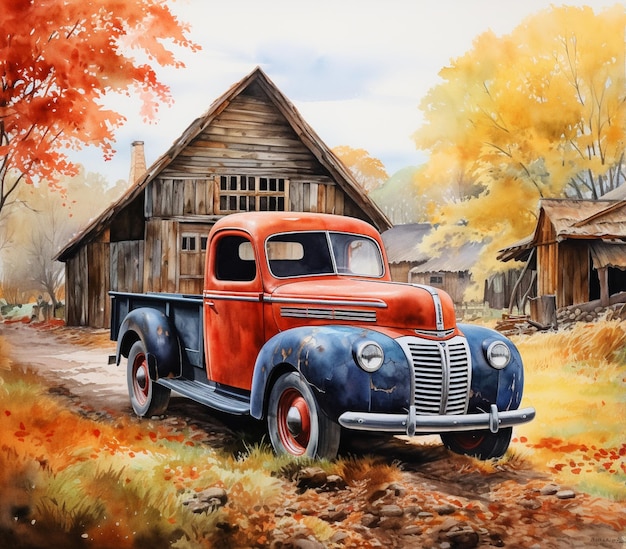 painting of an old truck parked in front of a barn generative ai