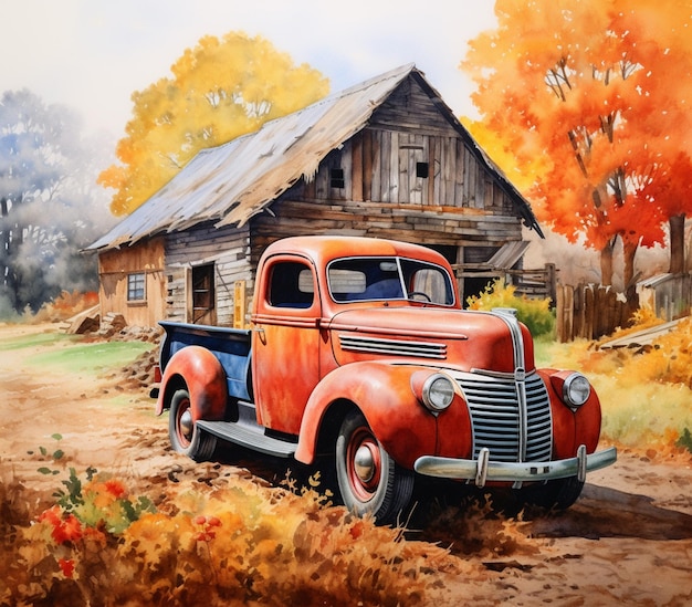 painting of an old truck parked in front of a barn generative ai