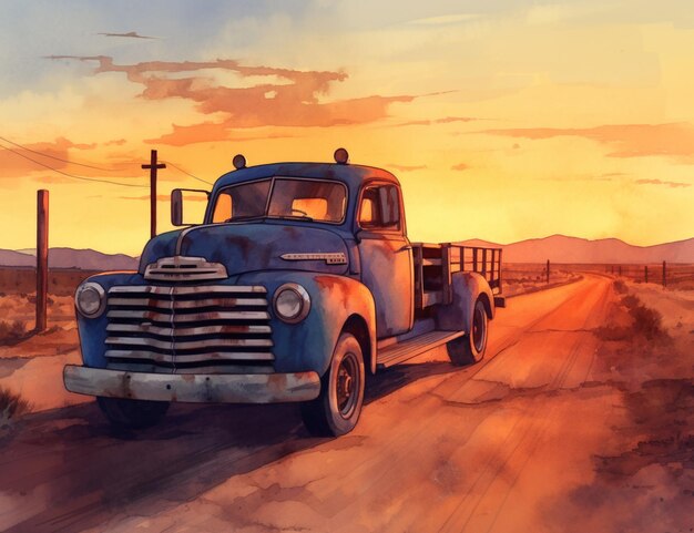 a painting of an old truck with a cross in the background.