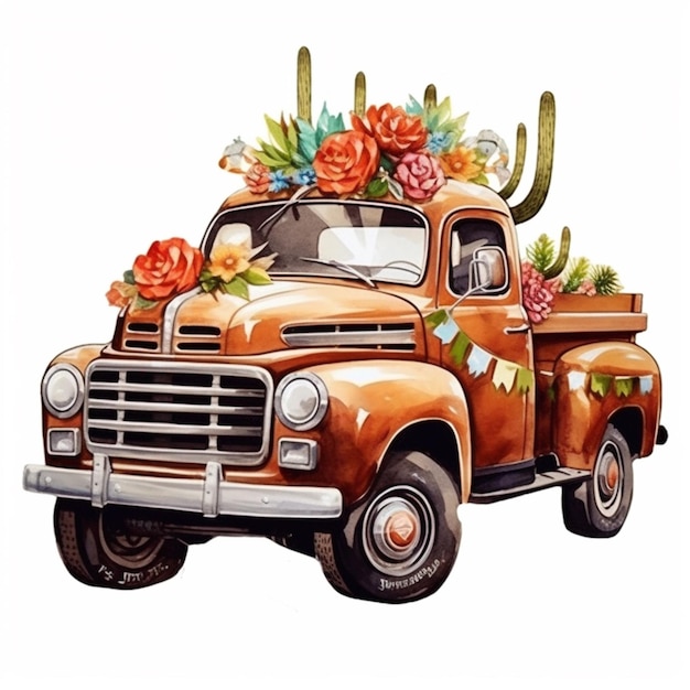 painting of an old truck with flowers on the bed generative ai