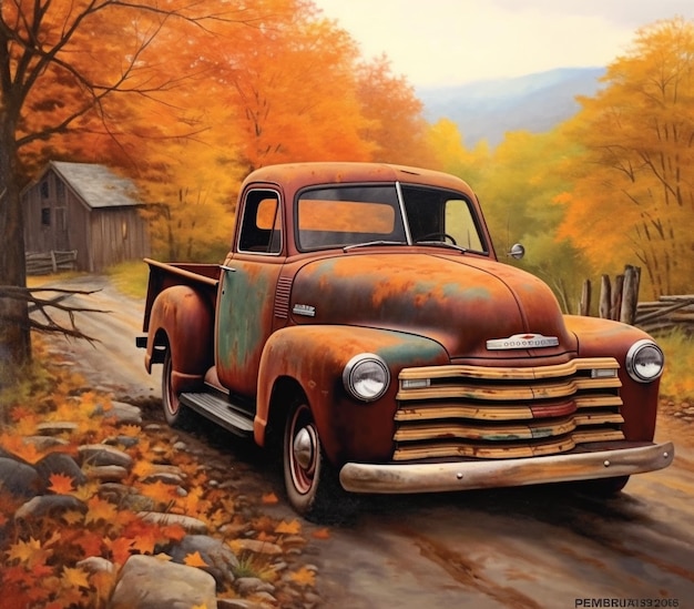 a painting of an old truck with a tree in the background