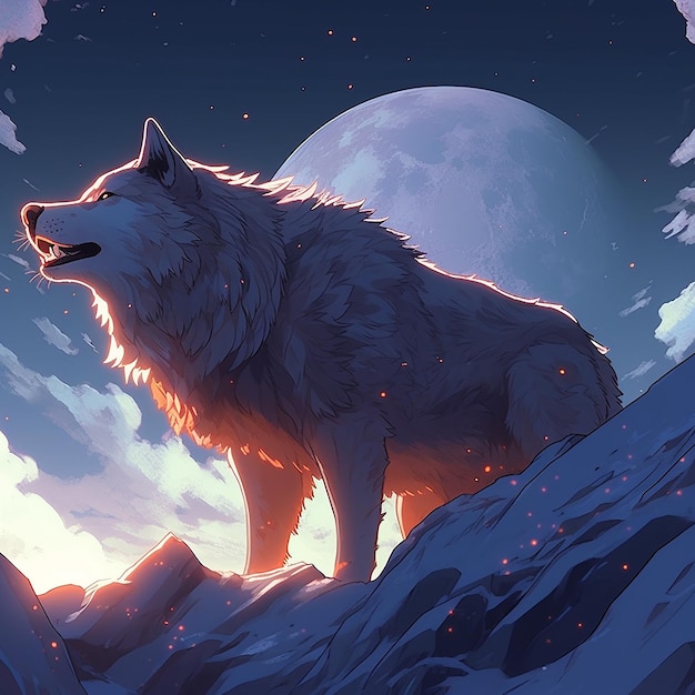 Картина старого волка, смотрящего в небо на фоне луны в полнолуние ночью Генеративный AI