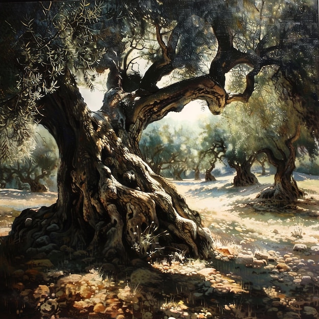 Photo a painting of an olive tree with the sun shining on it